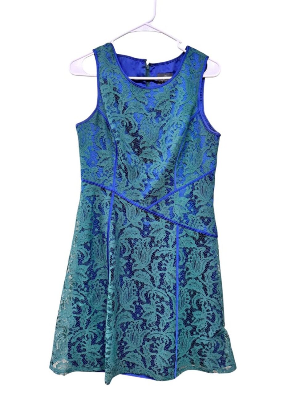 Adrianna Papell Sleeveless Green & Blue Lace Fit & Flare Dress Size M - Picture 3 of 6